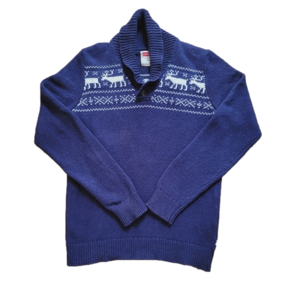 LEVIS reindeer henley sweater shawl collar knit winter blue pullover M